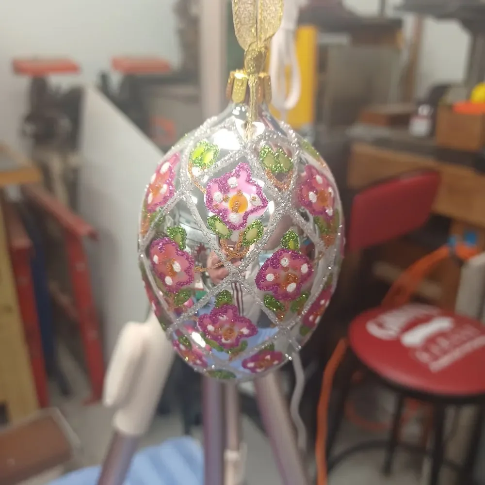 Vintage Glass Easter Egg Ornament‎ Pink Floral Hand Painted Holiday Decoration